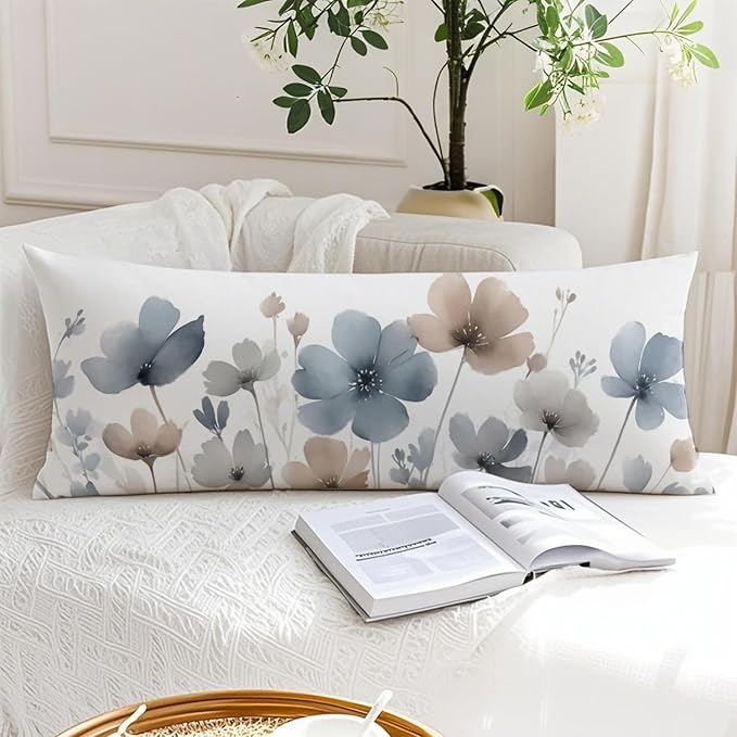 Vintage Watercolor Floral 20x54 Body Pillow Cover, Floral Room Decor, Abstract Blue Gray and White Flowers Botanical Decorative Long Body Pillow Cases for Bed Couch