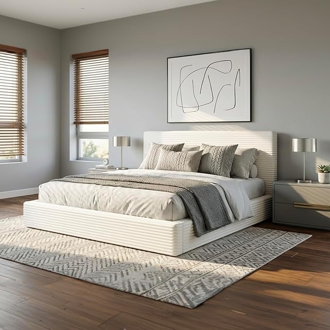 Novilla Queen Size Bed Frame, Plush CloudSoft Bed, Corduroy Upholstered Platform Bed Frame with Headboard, Easy Assembly, No Box Spring Needed, Modern Soft Bed Frame, White