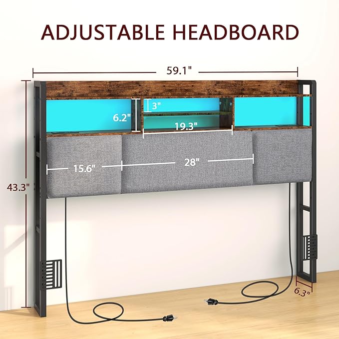 Livofloral Upholstered Queen Size Headboard with 2 Power Outlets & LED Light, Head Board with Storage Shelves for Bed, Queen Headboard Only, Height Adjustable, Sturdy & Stable, Brown
