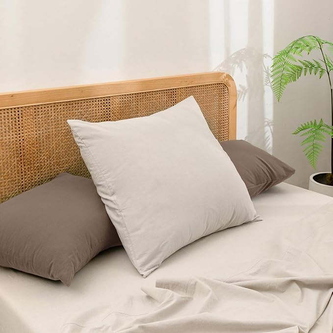 BESTOUCH 100% Washed Cotton Pillowcase for Hair and Skin Linen Feel Soft Comfortable Breathable 2 Set Pillow Case with Envelope Closure Solid Pine Bark Brown Queen 20x30 Inches