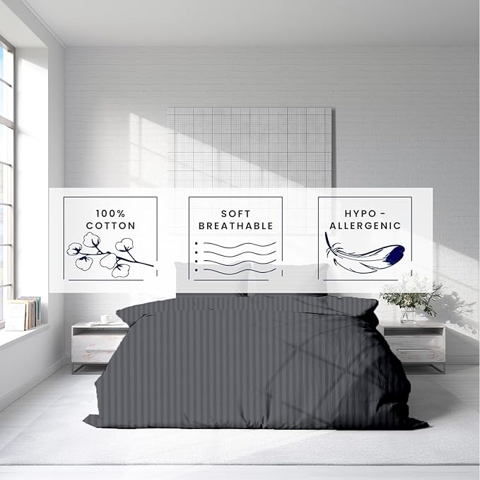 Kotton Culture 120"x98" 3 Pc Oversized King Duvet Cover Set 100% Egyptian Cotton - 600 Thread Count, Zipper Closure & Corner Ties - Fits Large King Inserts (Oversized King,Striped Dark Grey)