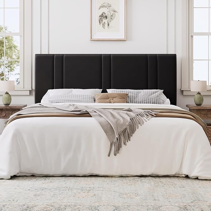 SHA CERLIN King Size Platform Bed Frame, Velvet Upholstered Bed with Adjustable Headboard, Vertical Channel Tufted Design, Sturdy Wood Slat Support, No Box Spring Needed, Easy Assembly, Black