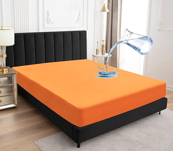 Sufdari Full Size Waterproof Mattress Protector, Fitted Sheet Style Mattress Cover with 18" Deep Pocket, Washable and Comfortable - Orange