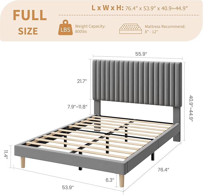GAOMON Full Bed Frame with Adjustable Headboard, Velvet Upholstered Platform Full Size Bed Frame, Vertical Channel Tufted, Strong Wooden Slats, No Box Spring Needed, Easy Assembly, Grey