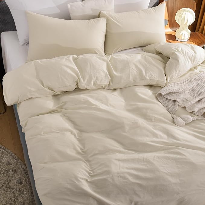 NEXHOME PRO Duvet Cover Set Queen Size Linen Feel Textured Cream Grey Organic Natural 100% Washed Cotton Duvet Cover 3 Pieces Bedding Set with Zipper Closure, Breathable, Soft (No Comforter)