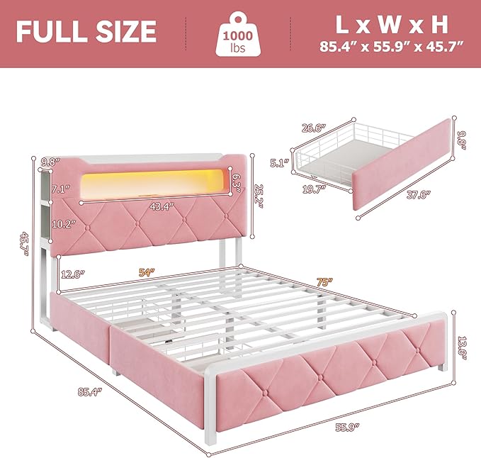 Full Upholstered LED Bed Frame with 2 Storage Drawers and 2-Tier Storage Headboard, Velvet Princess Platform Bed with Charging Station & Bookcase, Corner Bed Frame, Heavy Duty Metal Support, Pink