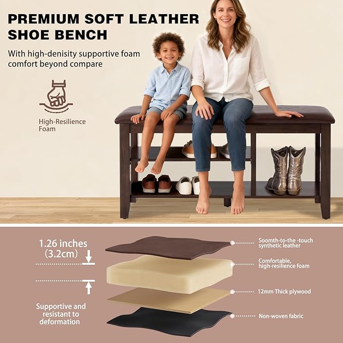 PY HOME & SPORTS Shoe Rack for Entryway 47": 2-Tier Shoe Storage Bench, Adjustable/Removable Shelves, Rubberwood Shoe Benches for Hallway, Porch, Bathroom, Brown