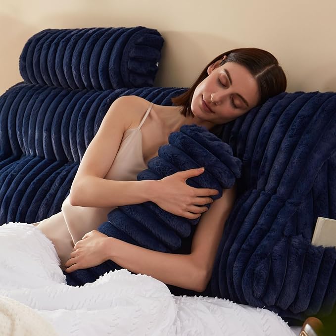 Rycwola Faux Fur Headboard Pillow with 2 Pack Neck Roll Pillow Large Headboard Pillow Soft and Supportive with Removable Cover (Blue, Full)