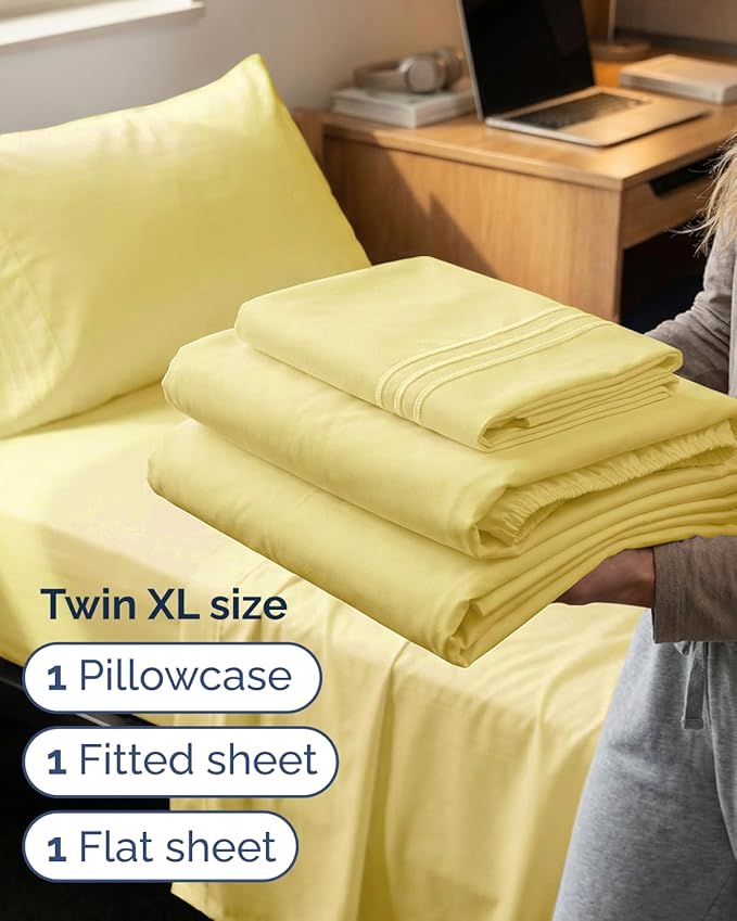 Twin XL Size 3 Piece Sheet Set - Comfy Breathable & Cooling Sheets - Hotel Luxury Bed Sheets for Women & Men - Deep Pockets, Easy-Fit, Extra Soft & Wrinkle Free Sheets - Yellow Oeko-Tex Bed Sheet Set