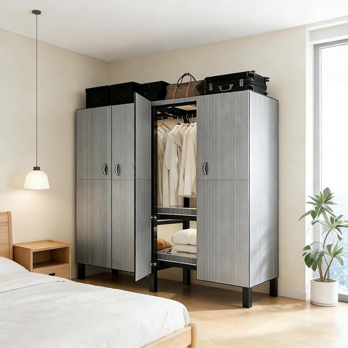 Freestanding Heavy Duty Wardrobe Closet with Magnetic Door, Portable Metal Closets, Foldable Wardrobecloset Organizers and Storage, for Bedrooms, Apartments, and Tenant (Gray, 70.1in)