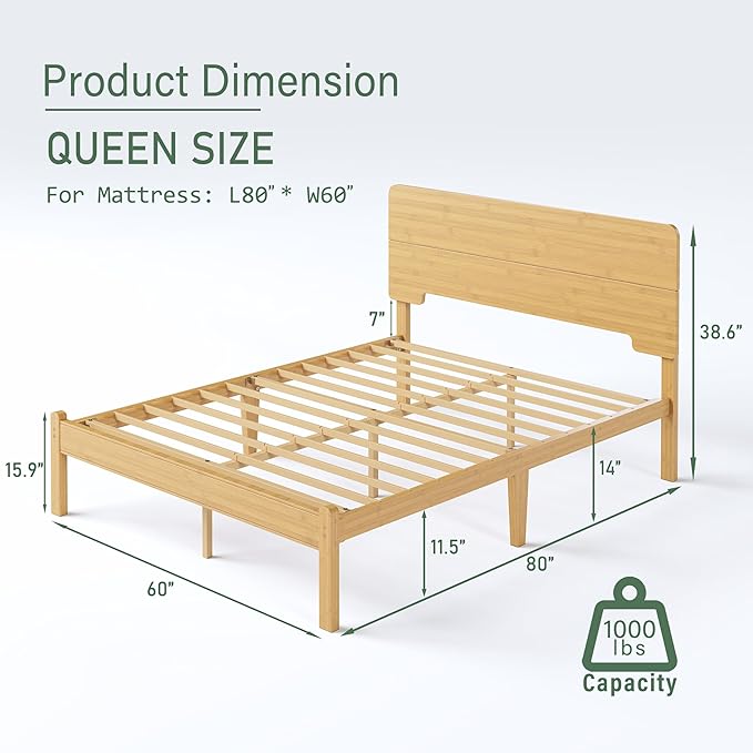 BOSRII 14in High Solid Bamboo Wood Platform Queen Size Bed Frame with Headboard, Reinforced Heavy Duty Metal Slats, Noise Free, No Box Spring Needed, Easy Assembly