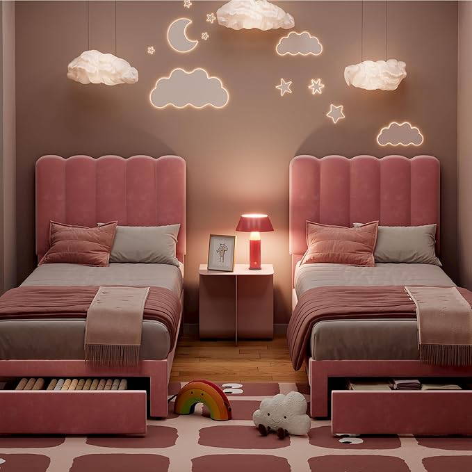 IDEALHOUSE Twin Bed Frame with Storage Drawer and Headboard, Velvet Upholstered Twin Platform Bed Frame for Girls, Strong Wooden Slats Support, Noise-Free, Easy Assembly (Pink)