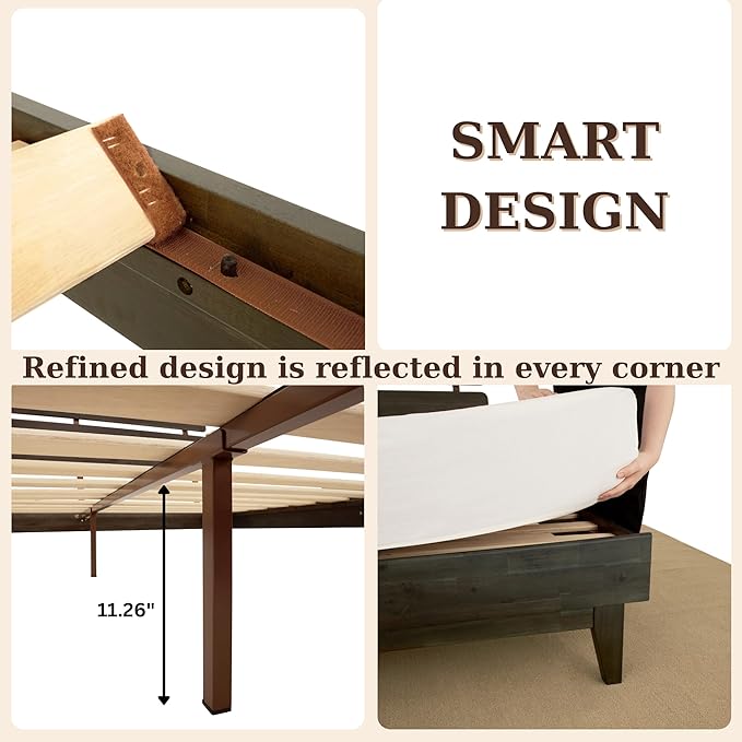 Bme Caden King Size Bed Frame and Adjustable Headboard, 15 Inch Mid Century Retro Style - Solid Acacia Wood - No Box Spring Needed - 12 Strong Wood Slat Support - Easy Assembly - Charcoal Mocha