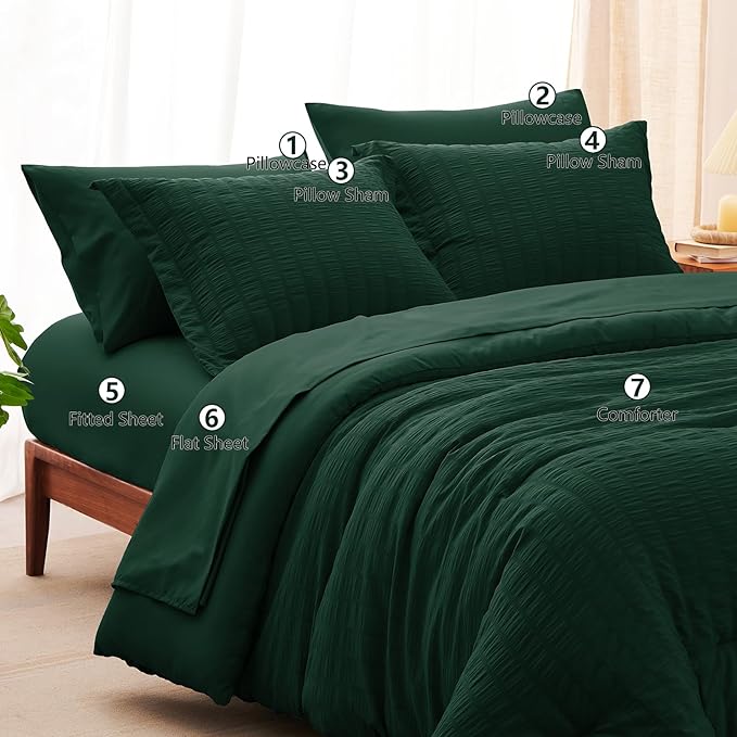 CozyLux California King Comforter Set with Sheets 7 Pieces, Emerald Green Seersucker Bed in a Bag Cal King Luxury Bedding Sets with Down Alternative Comforter, Sheets, Pillowcases & Shams All Seasons