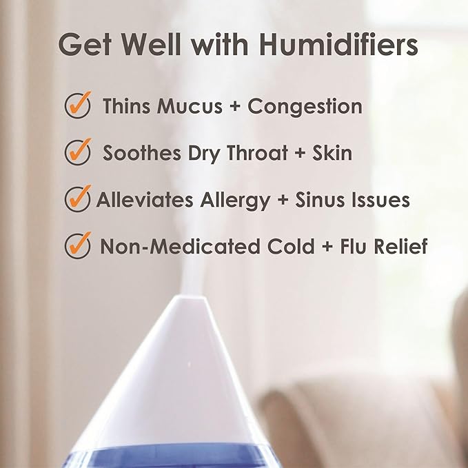 Crane Personal 1.3 Liter Ultrasonic Cool Mist Humidifier for Kids Bedroom, Small Humidifiers For Bedroom, Adjustable Mist, Filter-Free, Auto Shut-Off, Small Humidifier For Plant