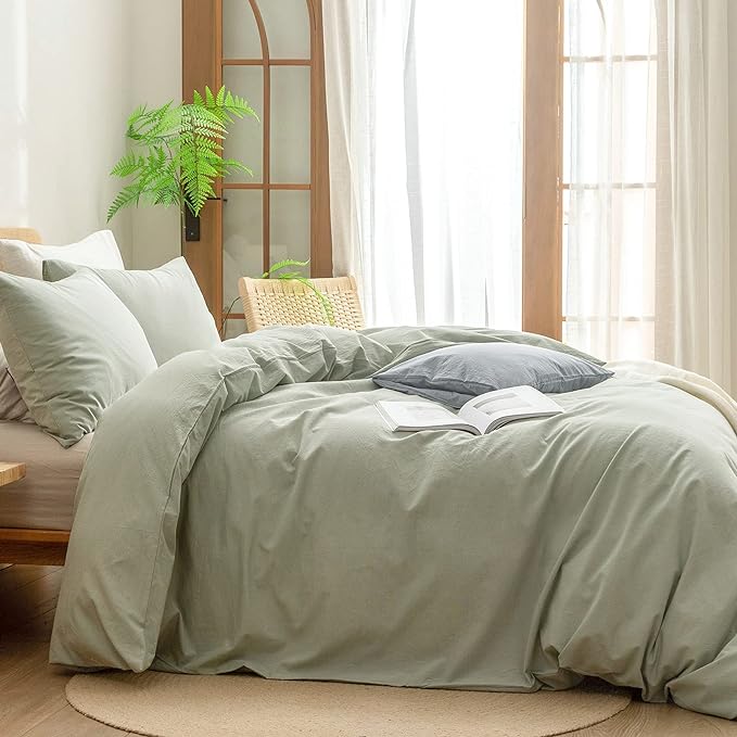 BESTOUCH Duvet Cover Set 100% Washed Cotton Linen Feel Super Soft Comfortable Chic Lightweight 2 PCs Home Bedding Set Solid Sage Green Twin/Twin XL