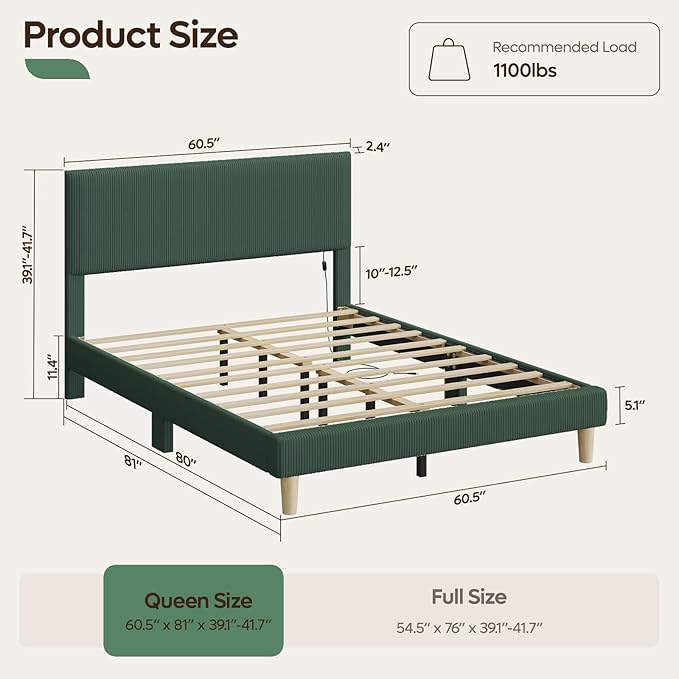 Bestier Queen Bed Frame with Headboard,Platform Queen Size Bed Frame with LED Lighting,Bed Frame Wooden Slats Support,No Box Spring Needed,Never Squeaks, Easy Assembly,Green