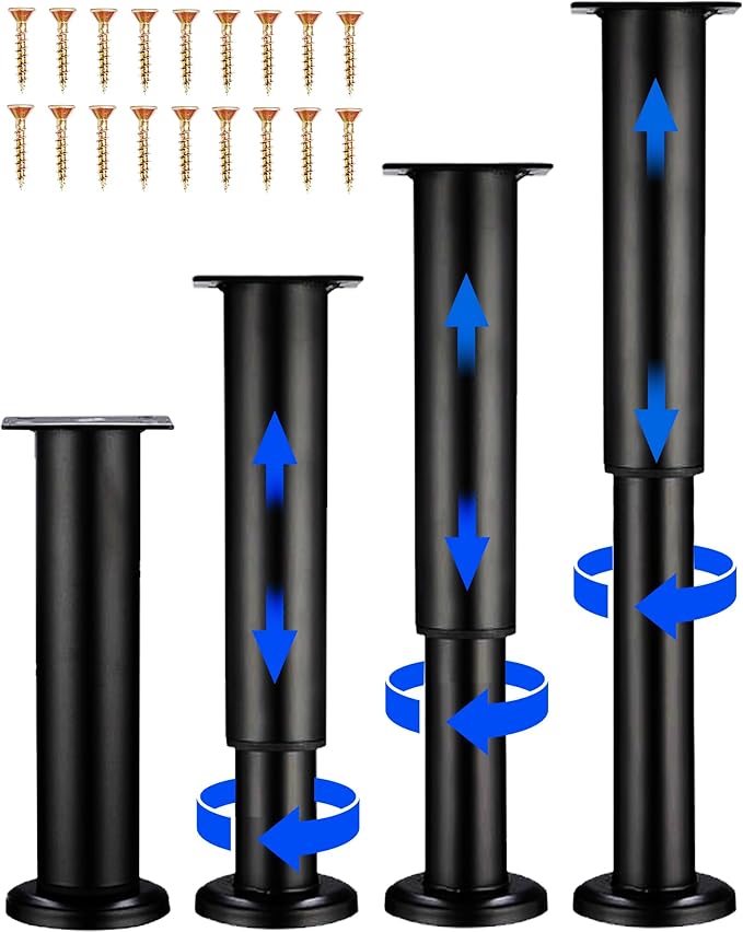 4 PCS Adjustable Height Bed Support Legs [with 18PCS Screws] for Bed Frame/Bed Center Slat, Heavy Duty Furniture Replacement Legs 7.08-12.2 inch for Sofa/Cabinet/Couch/Dresser/Table (Black)