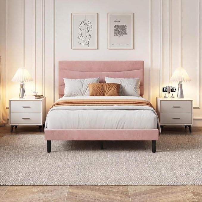 IDEALHOUSE Full Upholstered Platform Bed Frame with Ergonomic Headboard, Beige Soft Fabric, Heavy Duty Wooden Slats, Noise-Free, 6.3" Underbed Storage, No Box Spring Needed, Easy Assembly