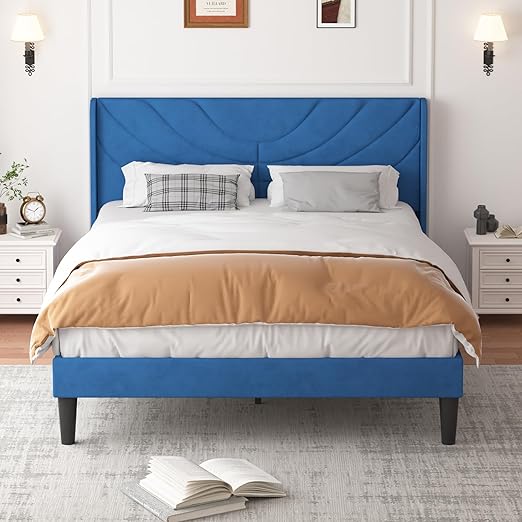 VECELO Queen Bed Frame Upholstered Platform with Fabric Headboard,Wooden Slats Support/No Box Spring Needed/Mattress Foundation,Dark Blue