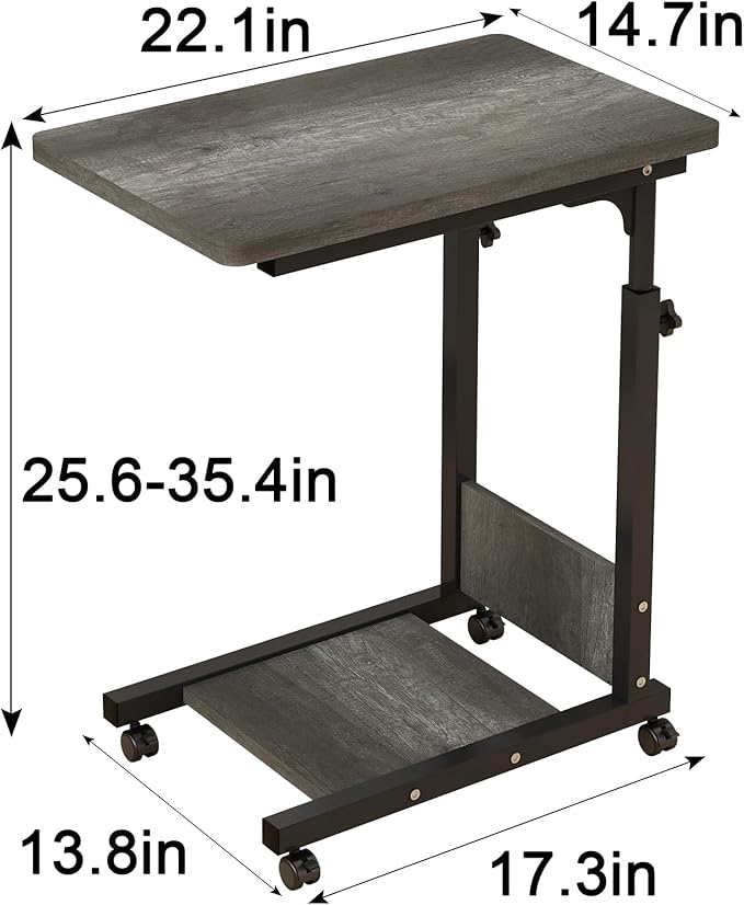 TigerDad Adjustable Height C Table Sofa Side Bedside Table with Wheels, Hospital Bed Table Rolling Tray with Storage, Mobile Computer Desk Laptop Table for Home Use,Gray