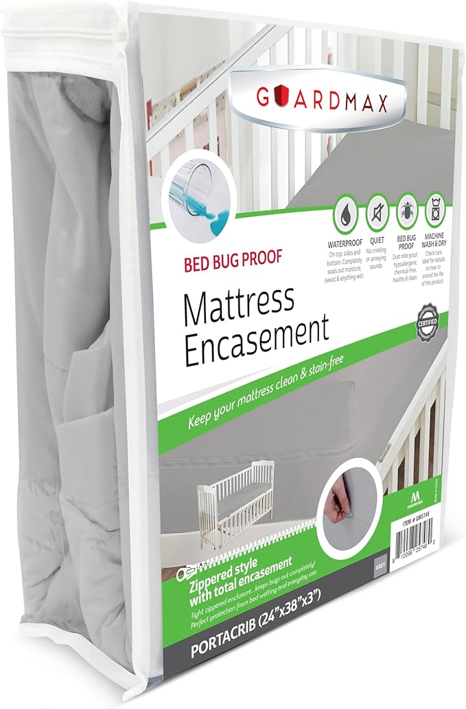 Guardmax Portacrib Mattress Encasement with Zipper, Waterproof, Bed Bug Proof, Dust Mite Proof Mattress Protector for Portacrib Bed up to 3" Deep, Zippered All Around Jersey Knitted Cover