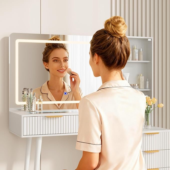 Garvee 48" Fluted Makeup Vanity Desk with Mirror and Lights, Glass Top Vanity Table with 5 Drawers, Open Shelf and Power Outlet, Modern Dressing Table for Bedroom and Living Room