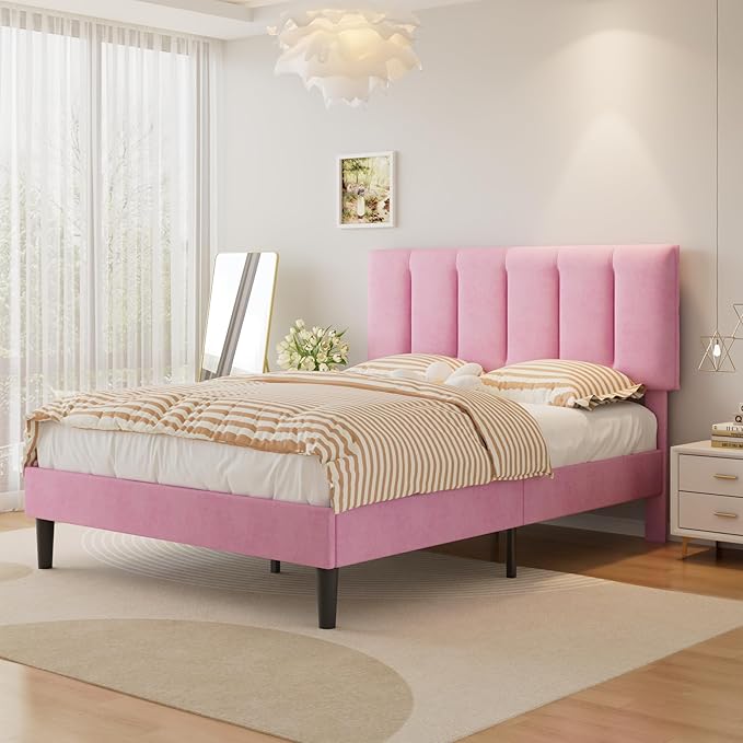 VECELO Full Bed Frame with Upholstered Headboard, Heavy-Duty Platform Bedframe with Strong Wooden Slats Support, No Boxing Spring Needed, Pink