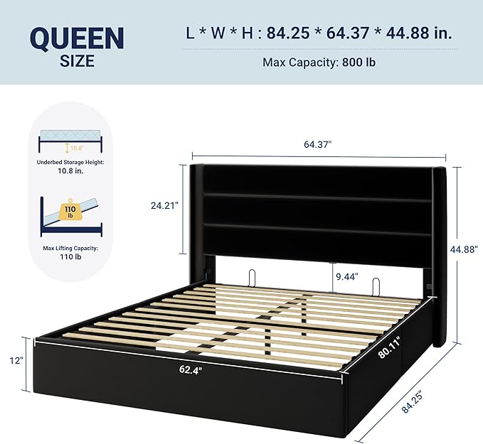 Allewie Queen Size Velvet Lift Up Storage Bed, Modern Wingback Headboard, Hydraulic Support, No Box Spring Needed, Black