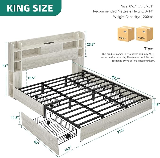 DWVO King Size Bed Frame with Bookcase Headboard and 4 Storage Drawers, RGB LED Bed Frame with Type-C & USB Charging Station Storage Headboard Bed, No Box Spring Needed, Noise Free, Wooden White