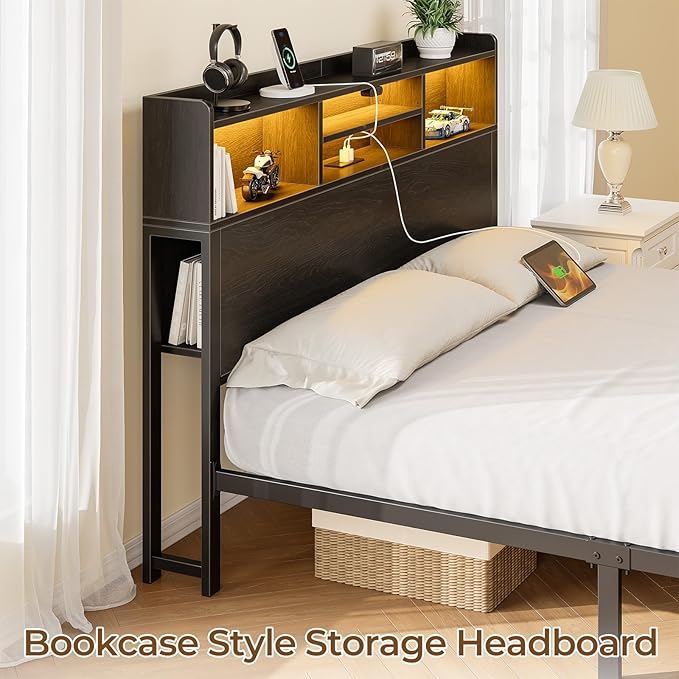 Rolanstar Twin Bed Frame with Storage Headboard & Side Shelf, Metal Platform Bed with Charging Station, LED Single Bed, No Box Spring Needed, Easy Assembly, Black
