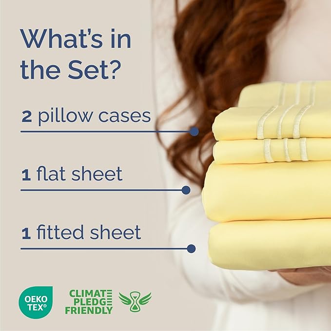 Cal King Size 4 Piece Sheet Set - Comfy Breathable & Cooling Sheets - Hotel Luxury Bed Sheets for Women and Men - Deep Pockets, Easy-Fit, Soft and Wrinkle Free Sheets - Yellow Oeko-Tex Bed Sheet Set