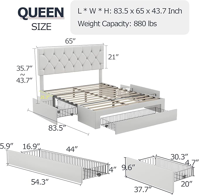 VECELO Queen Size Bed Frame with 3 Storage Drawers, Leather Upholstered with Diamond Tufted Headboard, Solid Wood Slat Support & Steel Framework, PU & White