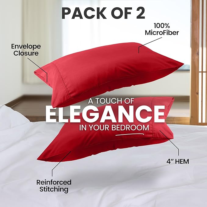 Utopia Bedding King Pillow Cases - 2 Pack - Envelope Closure - Soft Brushed Microfiber Fabric - Shrinkage and Fade Resistant Pillow Covers King Size 20 X 40 Inches (King, Red)