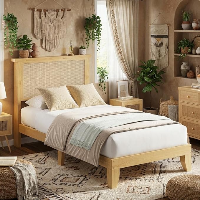 IDEALHOUSE Rattan Bed Frame Twin Size with Natural Rattan Headboard & LED Lights, Wood Twin Bed Frame with Solid Wood Foundation, No Box Spring Needed, Natural