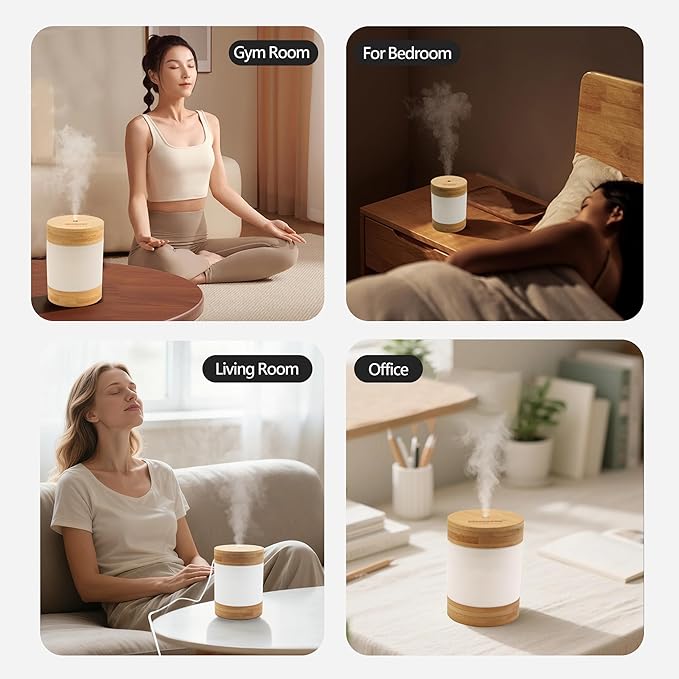 Bamboo Cool Mist Humidifier with Phone Stand, 400ml Ultrasonic Mini Humidifier, Quiet Desktop with Dual LED Night Light, USB-C Portable, Auto Shut-Off for Bedroom, Office, Travel