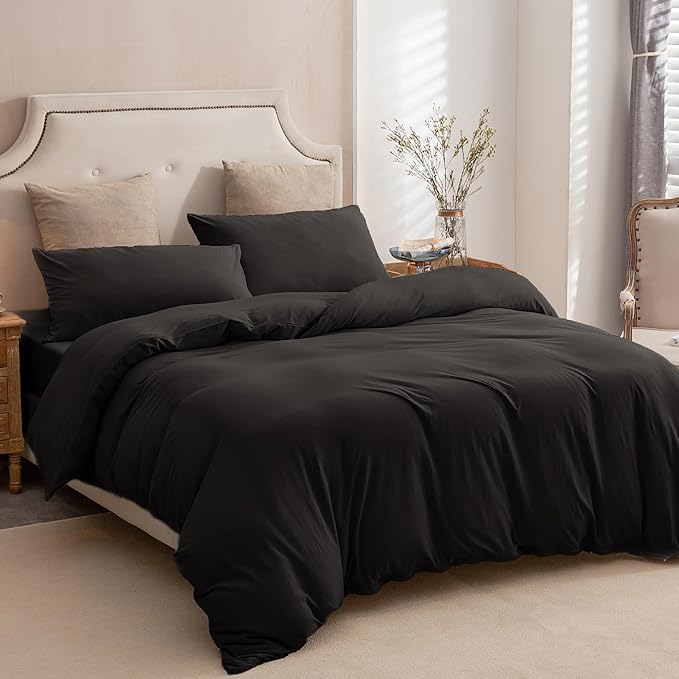 PURE ERA Jersey Knit Duvet Cover Set 100% T-Shirt Cotton Super Soft Comfy 3pc Bedding Set with Zipper Closure (Solid Black, Cal King)