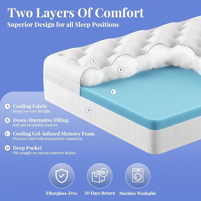 OhGeni Cooling 4 Inch Twin XL Dual Layer Mattress Topper, 2 Inch Gel Memory Foam,2 Inch Soft Pillow Top Pad, College Dorm Essentials Bedroom Mattresses Cover, Comfortable Sleep and Back Pain Relief