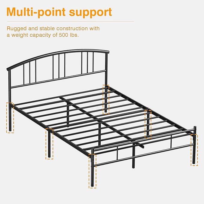 VECELO Full Bed Frame with Headboard and Footboard, 14 Inch Metal Platform Mattress Foundation, Sturdy Premium Steel Slat/No Box Spring Needed