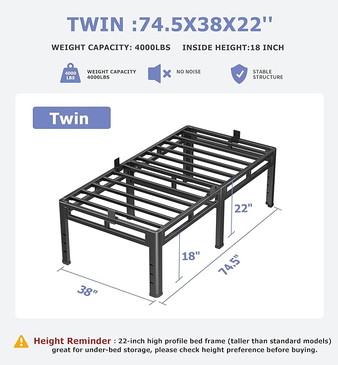 NKZ 22 Inch Twin Size Bed Frame, Metal Bed Frame & Box Spring 2 in 1 Platform with Round Corner Legs, 4000Lbs Heavy Duty Metal Frame, Mattress Slide Stopper, Headboard Hole, Noise-Free, Easy Assembly