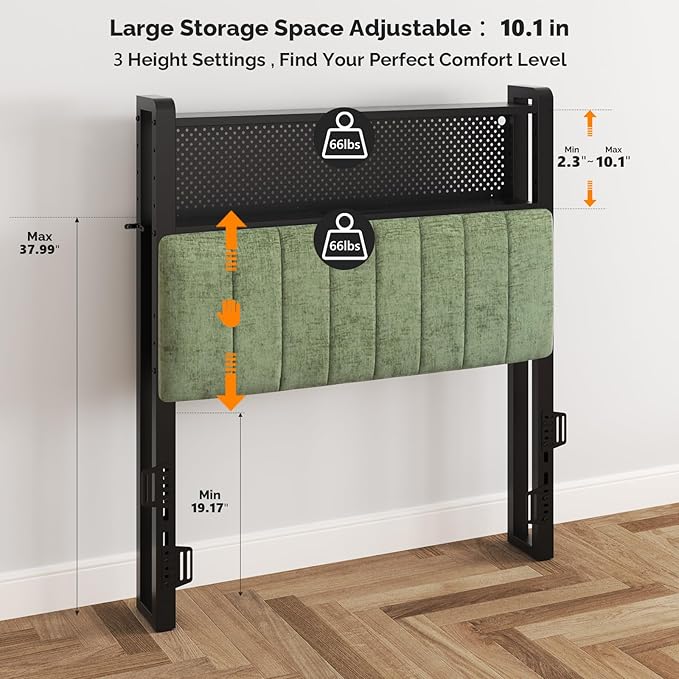 VINGLI Twin Size Dorm Headboard with Storage, Upholstered Head Board for Twin XL Bed, Charging Stations and LED Light, 2 Tier Shelves and Pegboard,Height Adjustable,Sage Green