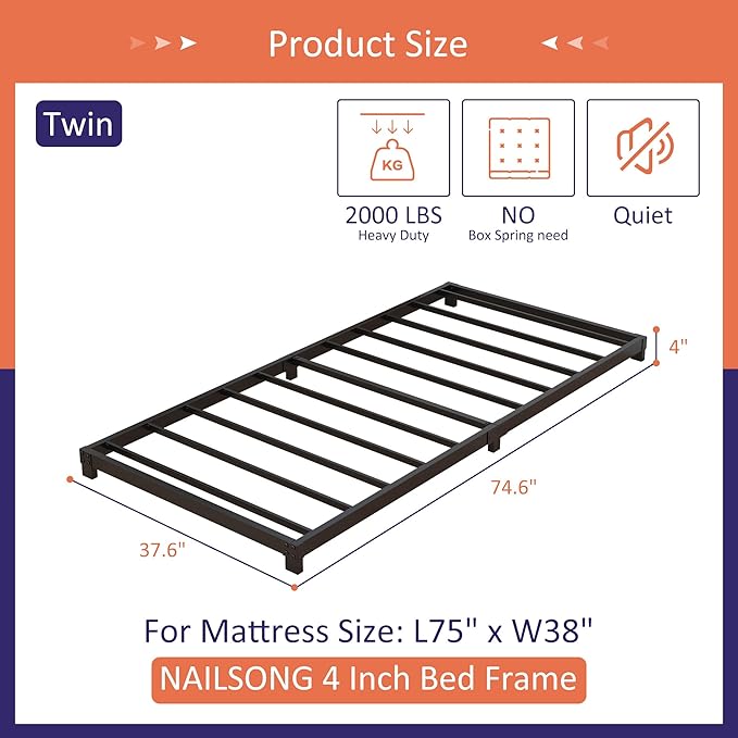 Nailsong 4 Inch Twin Bed Frames Low Profile, Twin Platform Bed Frame No Box Spring Needed, Heavy Duty Metal, Easy Assembly, Black