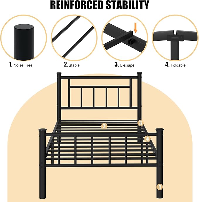 Shintenchi Twin Size Metal Platform Bed Frame with Headboard & Footboard, Steel Slat Mattress Foundation, Under Bed Storage, Noise-Free, No Box Spring Needed, Black Square