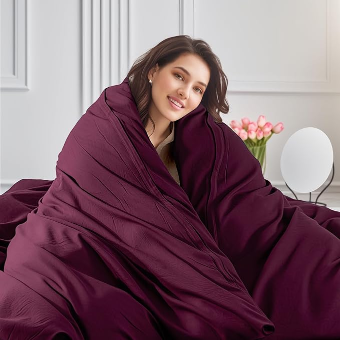NEXHOME PRO 100% Washed Cotton Duvet Cover King Size, Ogranic Natural Linen Feel Breathable Bedding Set with Zipper Closure, 3 Pieces Duvet Cover Set Wine (No Comfortert) 10490