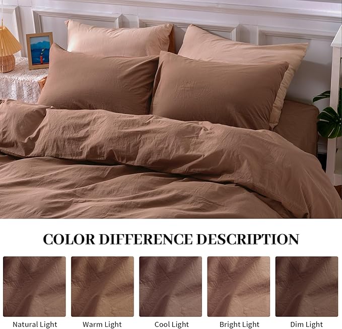 NEXHOME PRO Duvet Cover Set Kids Twin Size Linen Look Organic Natural 100% Washed Cotton Duvet Cover Mocha Brown 2 Pieces Bedding Set with Zipper Closure, Breathable (No Comforter)
