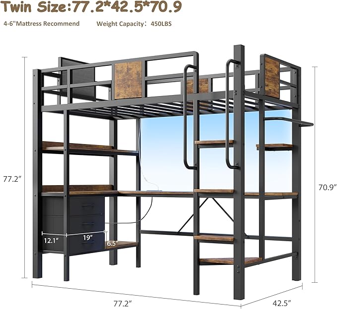 Garvee Twin Loft Bed with Desk and Stairs, Heavy Duty Loft Bed with RGB LED Lights, Charging Station, 3 Fabric Storage Drawers & 2 Open Shelves, No Box Spring Needed