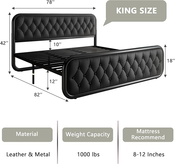 Feonase King Size Bed Frame, Upholstered Bed Frame with Faux Leather Headboard, Heavy Duty Platform Bed with Strong Metal Slats, 12 Inch Under-Bed Storage, Noise-Free, Easy Assembly, Black