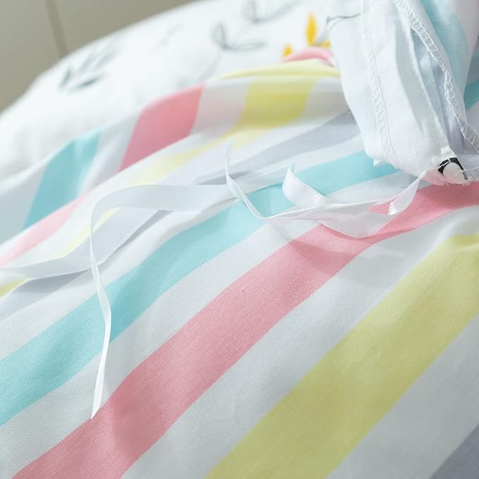 mixinni Flowers Duvet Cover for Teenage Girls Queen Size Floral Leaf Printed Soft Cotton Full Bedding Set Reversible Colorful Striped Pattern Girls Zipper Closure 4 Corner Ties for Women-Queen Size