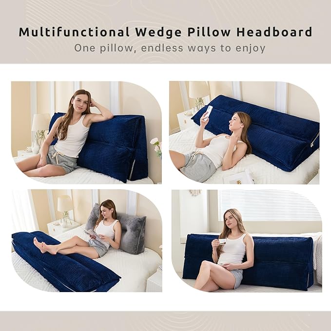 Zelladorra Wedge Pillow Headboard, Headboard Pillow Queen for Reading or Sitting, Bolster Pillow with Large Memory Foam, Removable Cover, Navy