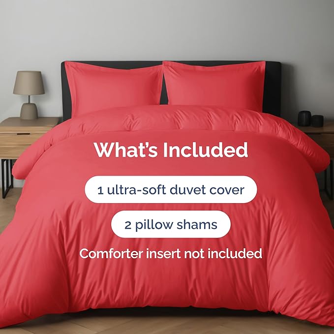 Duvet Cover Full Size Set - Extra Soft Full Duvet Cover 80" x 90" with 2 Pillow Shams - Hotel Luxury, Easy Care & Fade Free with Zipper Closures and Ties - All Season, Comfy, Cozy & Breathable (Red)
